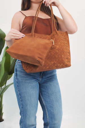 Giulia Suede Woven Bag - Caramel