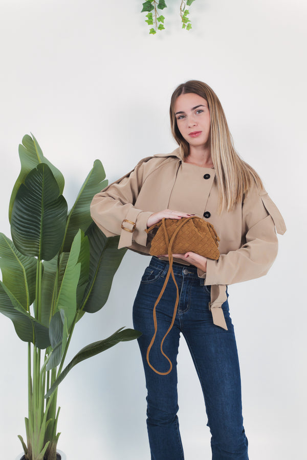 Gaia Suede Woven Pouch Bag - Caramel