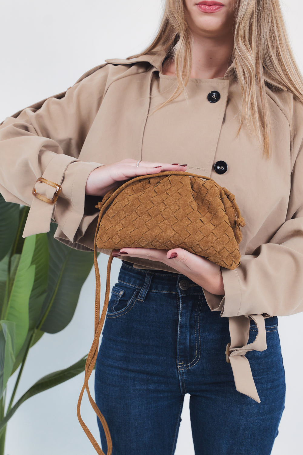 Gaia Suede Woven Pouch Bag - Caramel