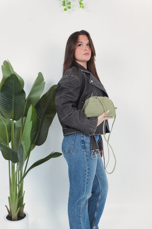 Gaia Suede Woven Pouch Bag - Travertine Green