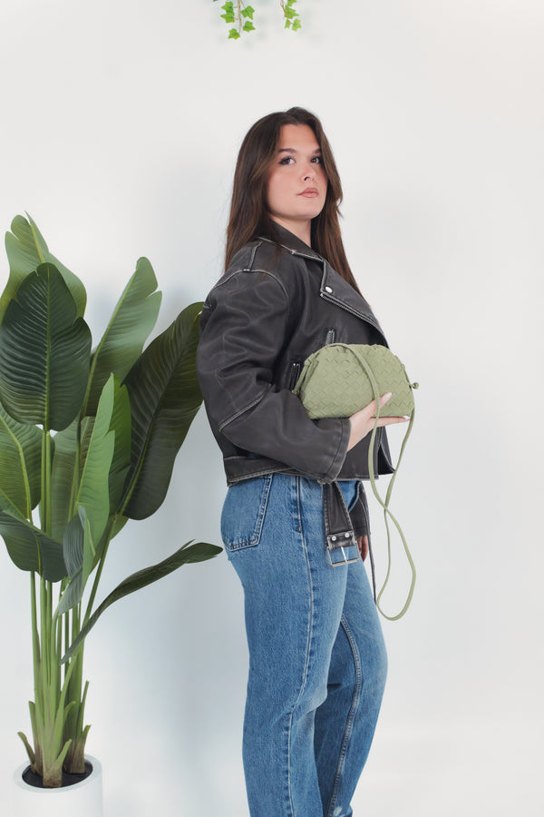 Gaia Suede Woven Pouch Bag - Travertine Green