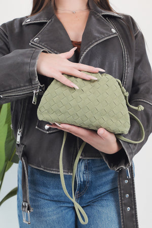 Gaia Suede Woven Pouch Bag - Travertine Green