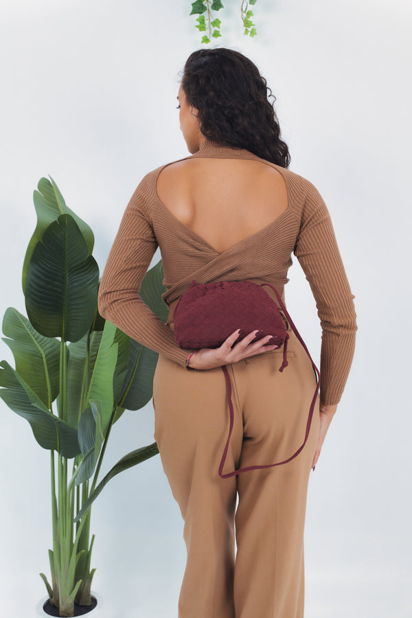 Gaia Suede Woven Pouch Bag - Burgundy