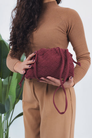 Gaia Suede Woven Pouch Bag - Burgundy