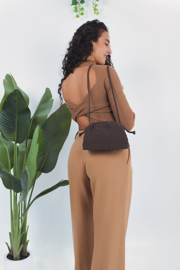 Gaia Suede Woven Pouch Bag - Coffee