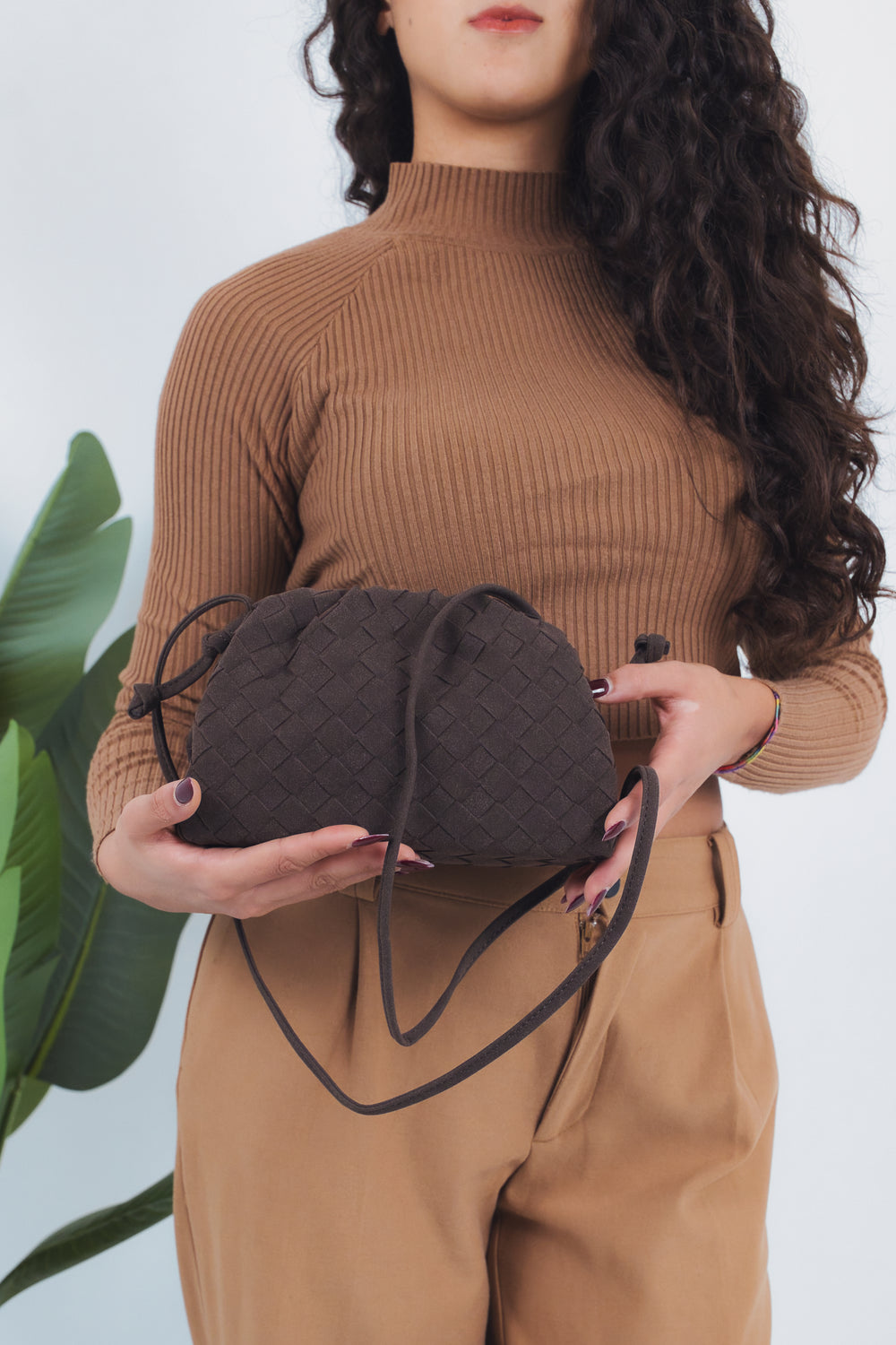 Gaia Suede Woven Pouch Bag - Coffee