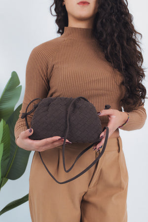 Gaia Suede Woven Pouch Bag - Coffee