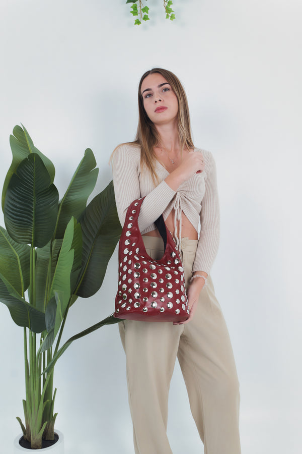Mara Studs Shoulder Bag - Burgundy