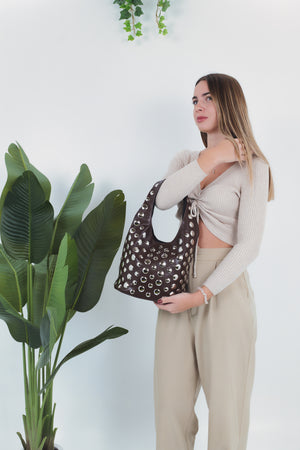 Mara Studs Shoulder Bag - Coffee