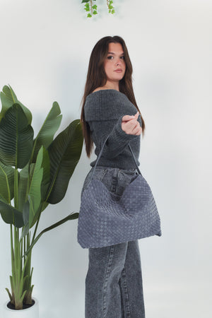 Mina Suede Woven Bag - Grey