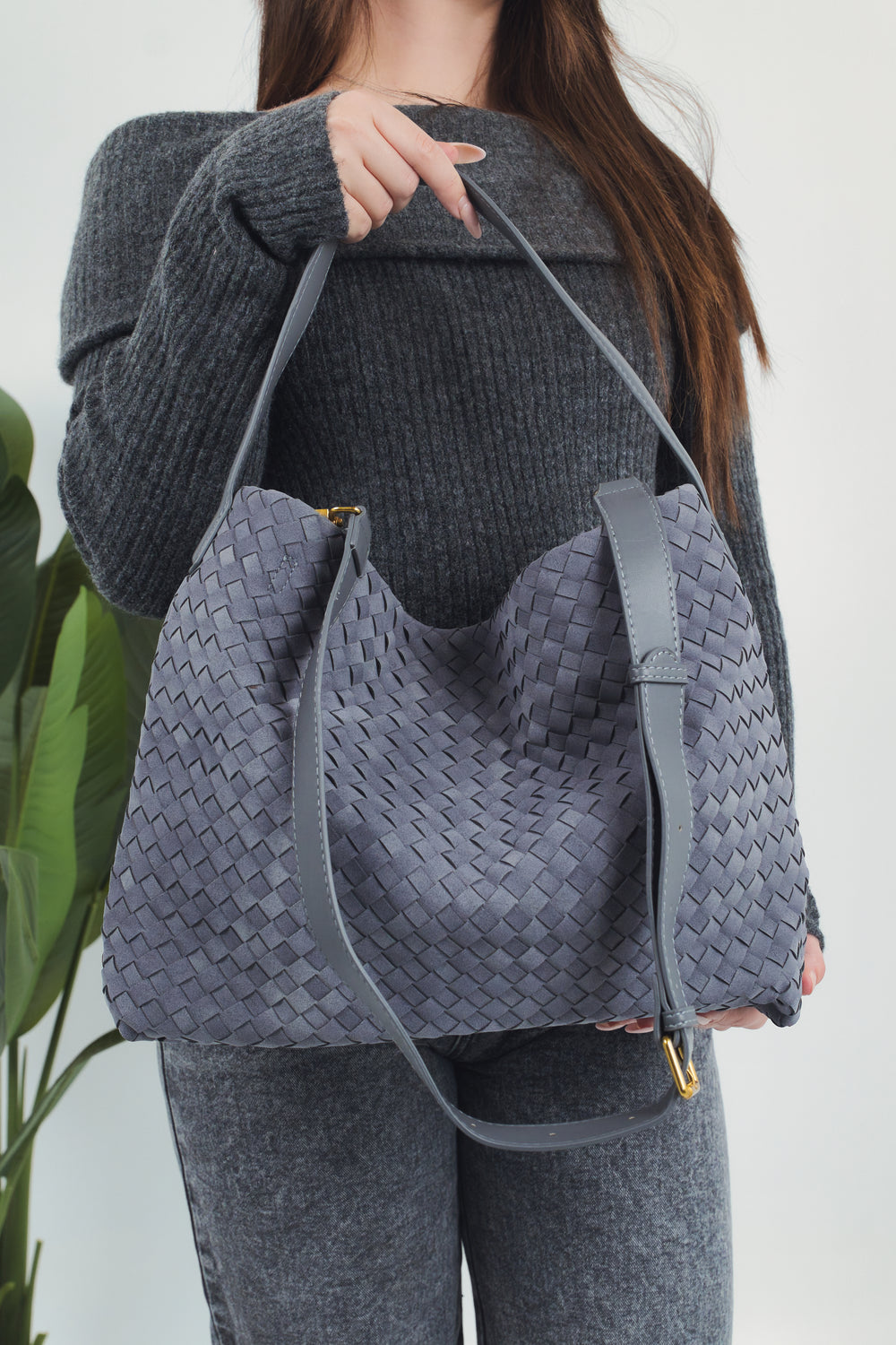 Mina Suede Woven Bag - Grey