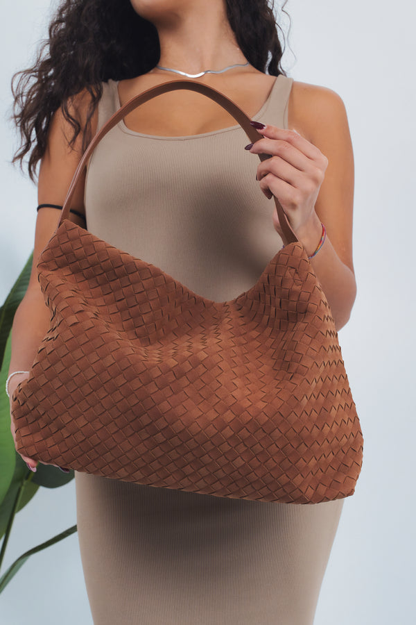 Mina Suede Woven Bag - Ligh Brown