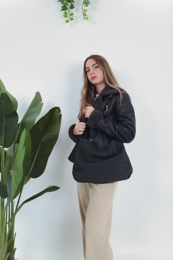 Mina Suede Woven Bag - Black