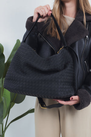 Mina Suede Woven Bag - Black