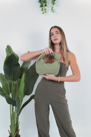 Gioia Small Suede Woven Bag - Travertine Green