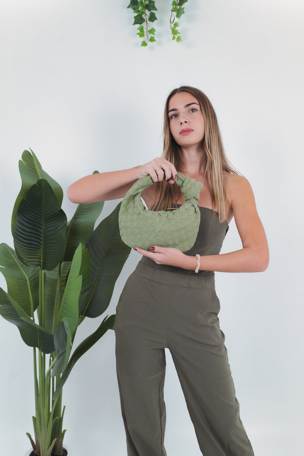 Gioia Small Suede Woven Bag - Travertine Green