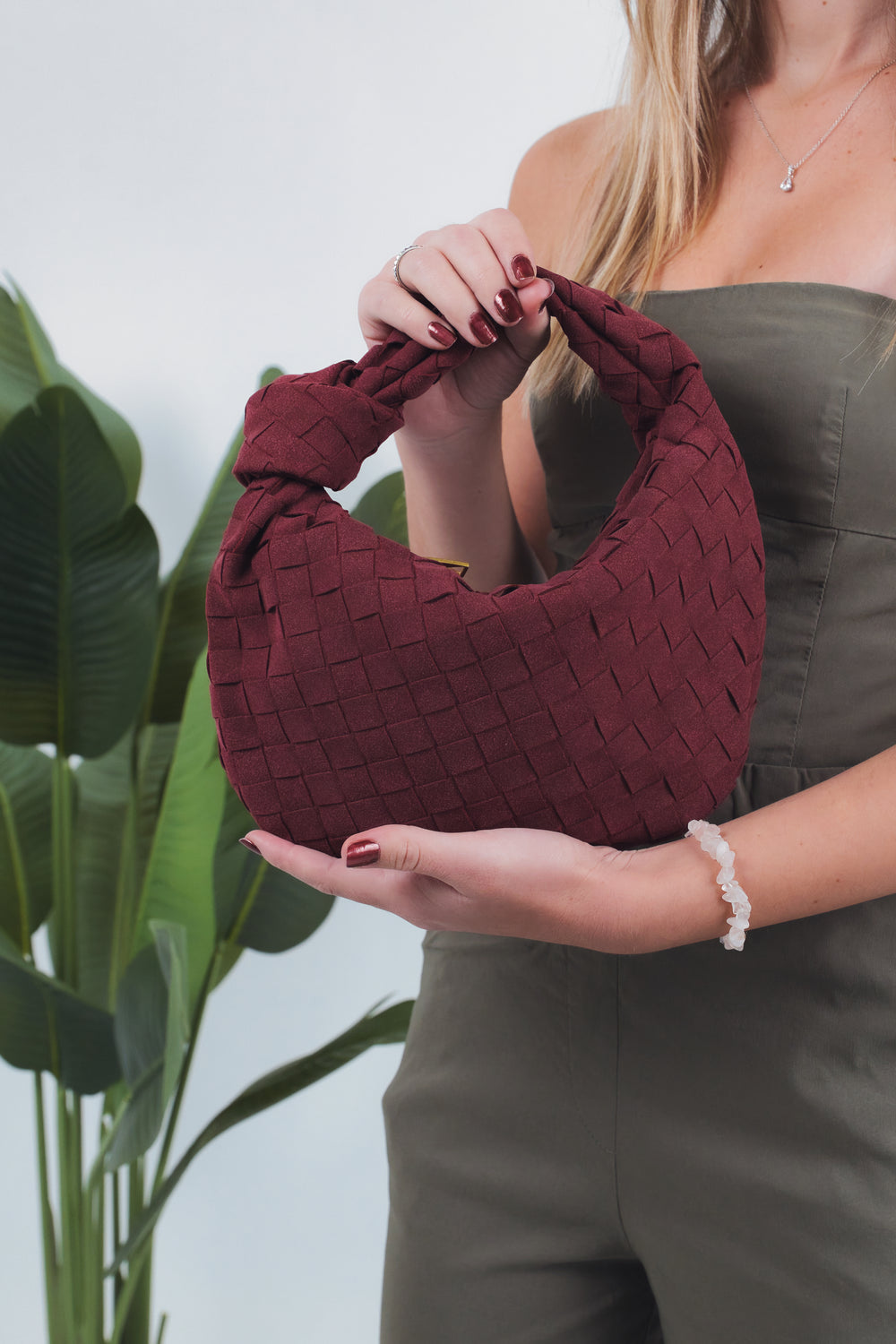 Gioia Small Suede Woven Bag - Burgundy