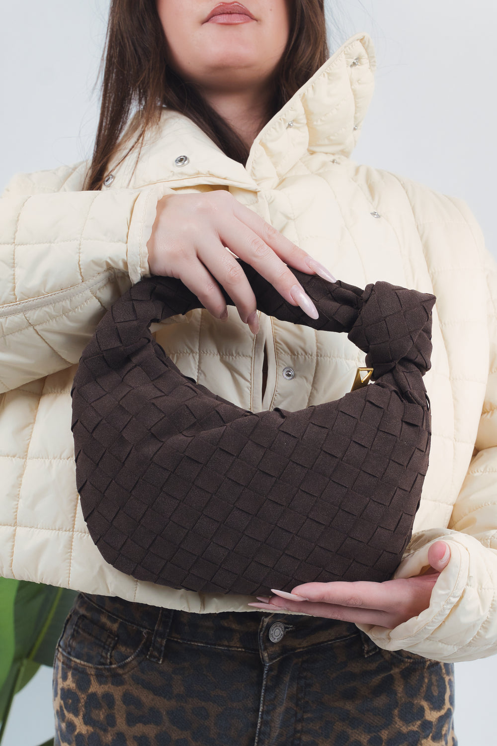 Gioia Small Suede Woven Bag - Coffee