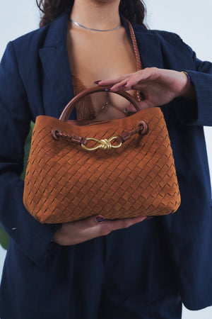 Sabrina Suede Woven Bag - Caramel