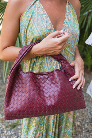 Elena Woven Tote Bag - Burgundy